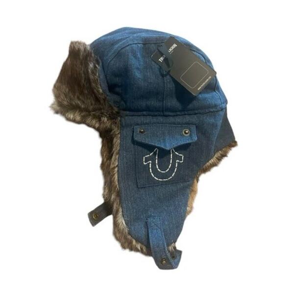 True Religion Trapper Hat Dark Blue Cotton Faux Fur Horseshoe Pockets Chin Strap - Picture 1 of 10